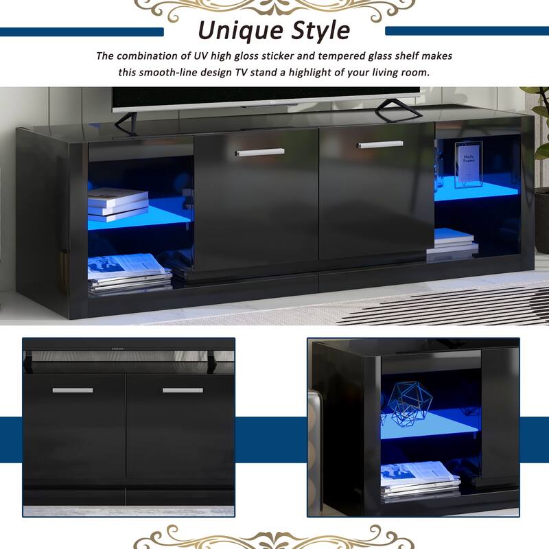 LED TV Stand for TVs Up to 70", High Gloss LED Entertainment Center with Storage